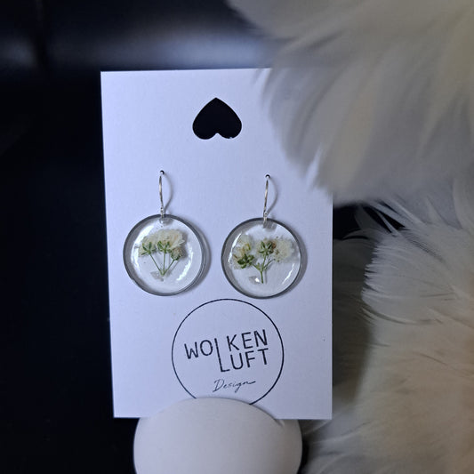 FLOWER 17, flower earrings, silver/white/green