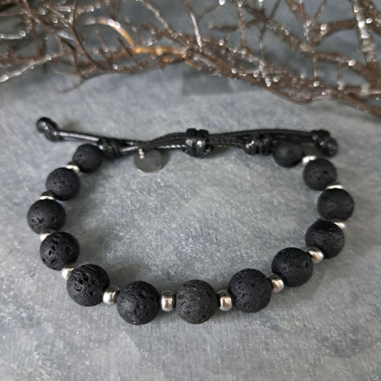 ZACK, bracelet, lava stone 8mm, black/silver