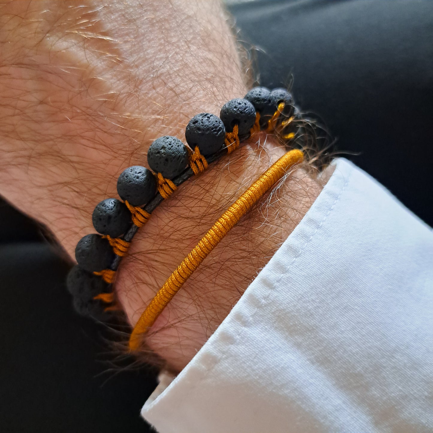 RICK, bracelet, lava stone 8mm, black/mustard