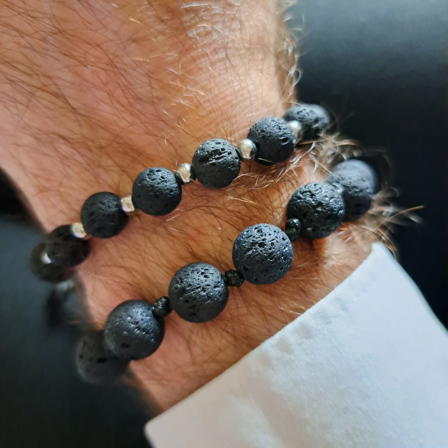 ZACK, bracelet, lava stone 8mm, black/silver