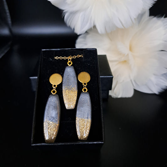 SET-Gwen, earrings + chain, gold/anthracite