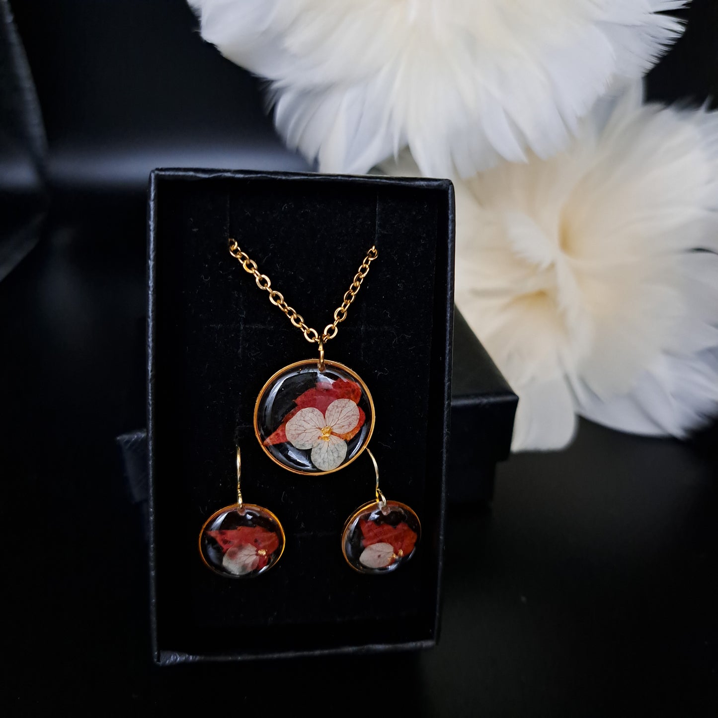 SET-AUTUMN, earrings + chain, gold/red/cream/transparent