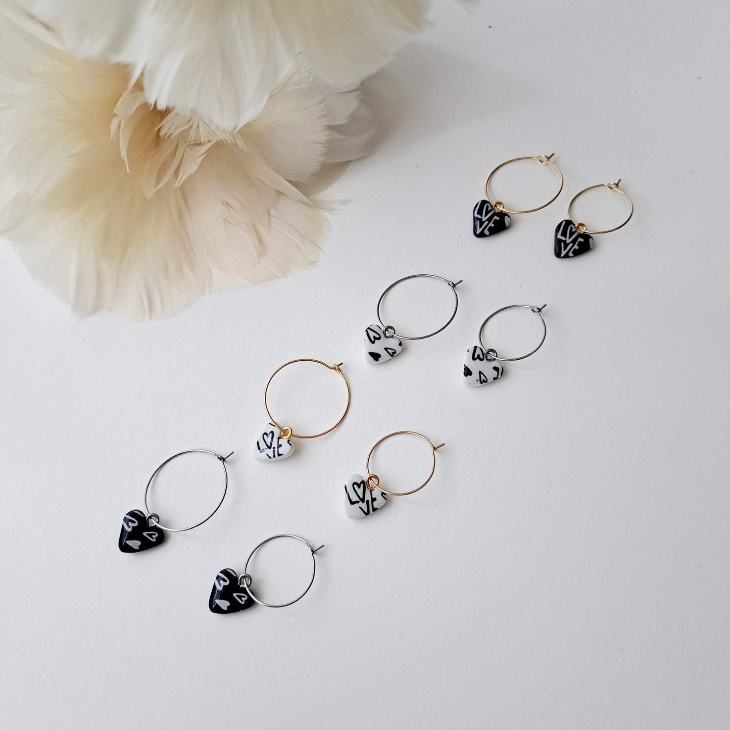 LOVE-PRINT, hoop earrings, white/black/gold or silver