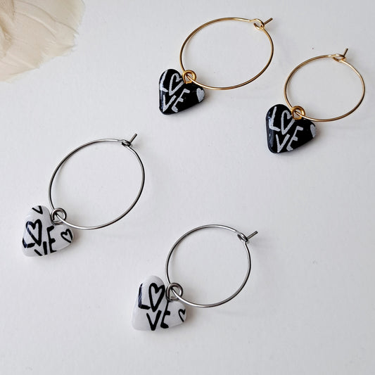 LOVE-PRINT, hoop earrings, white/black/gold or silver