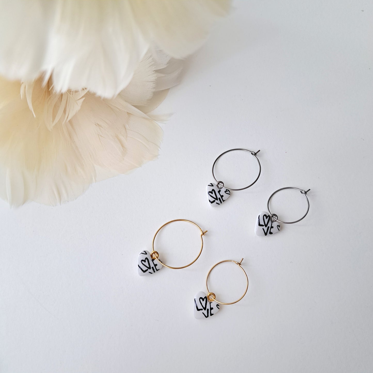 LOVE-PRINT, hoop earrings, white/black/gold or silver