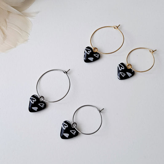 HEART PRINT, hoop earrings, white or black/gold or silver