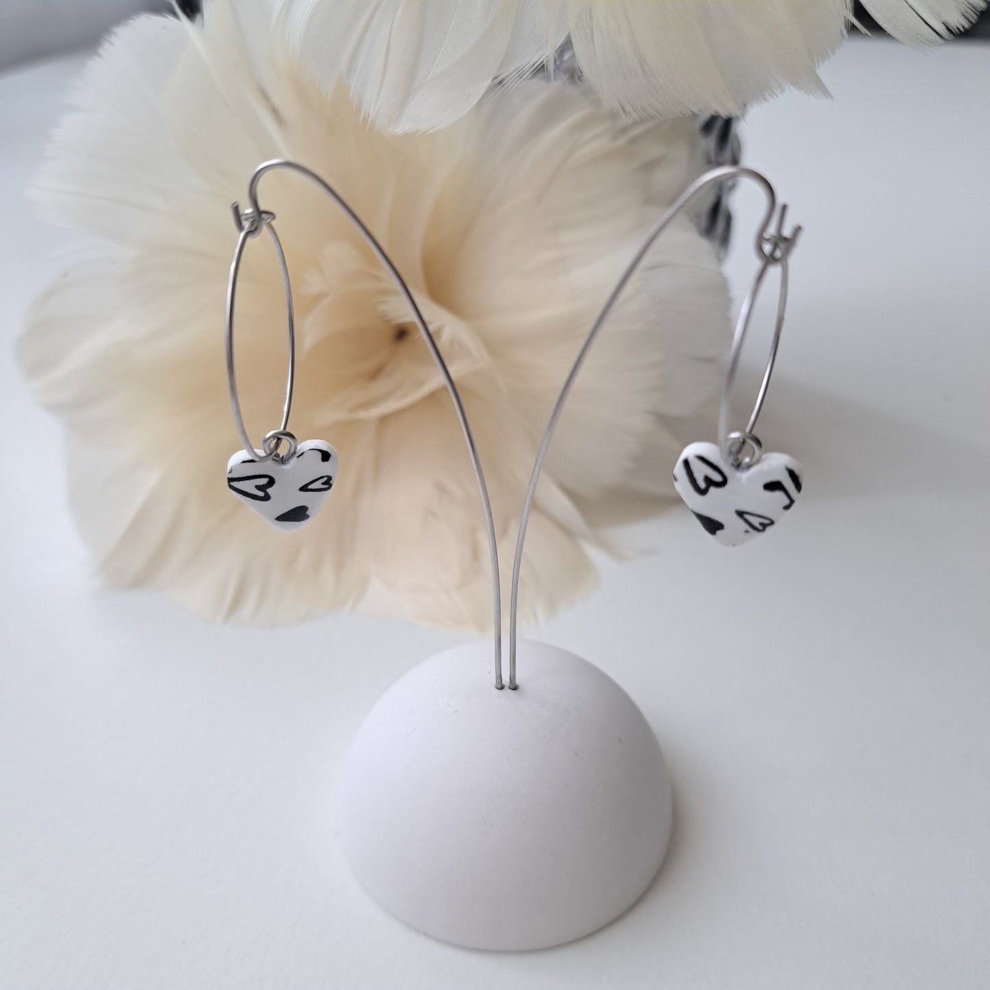 HEART PRINT, hoop earrings, white or black/gold or silver