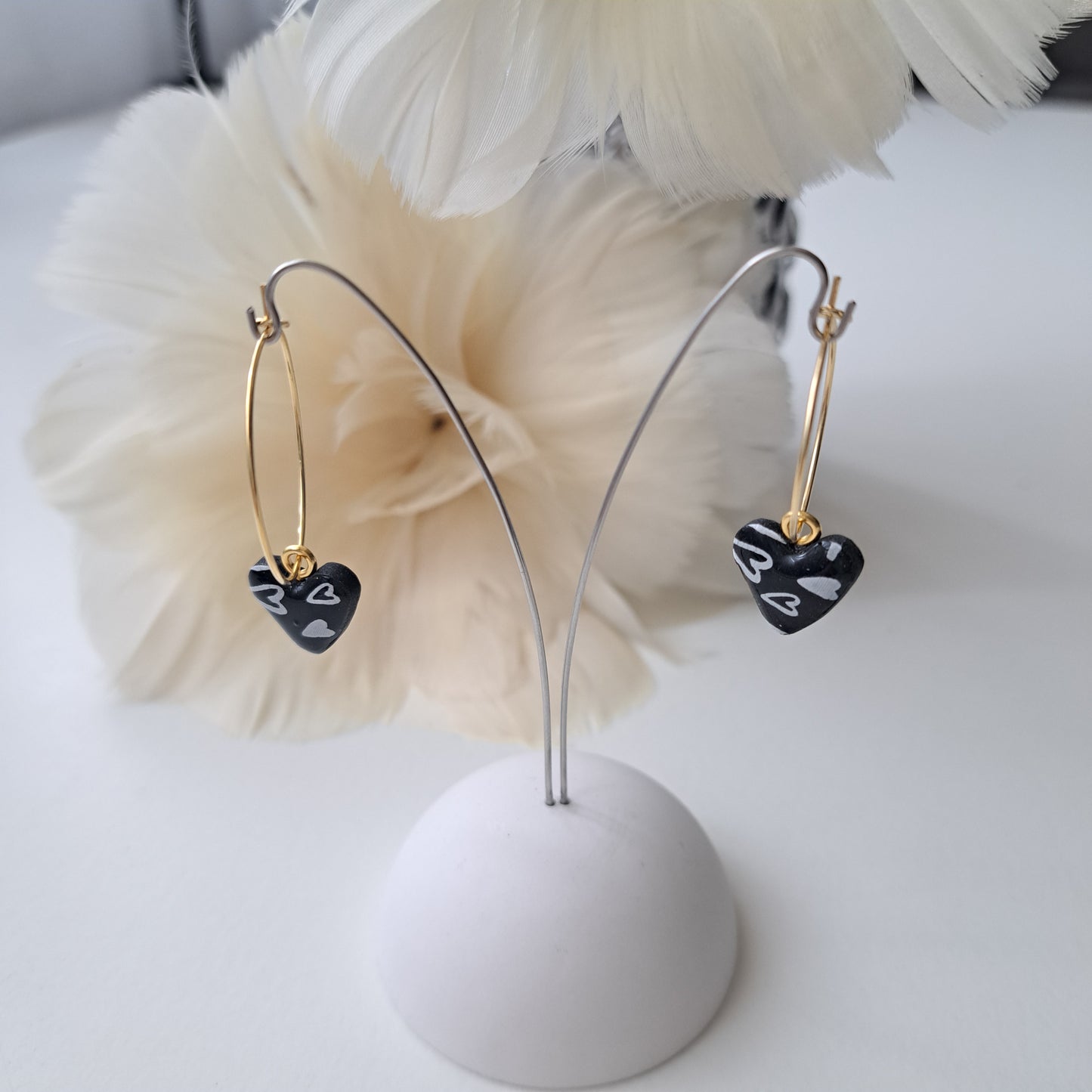 HEART PRINT, hoop earrings, white or black/gold or silver