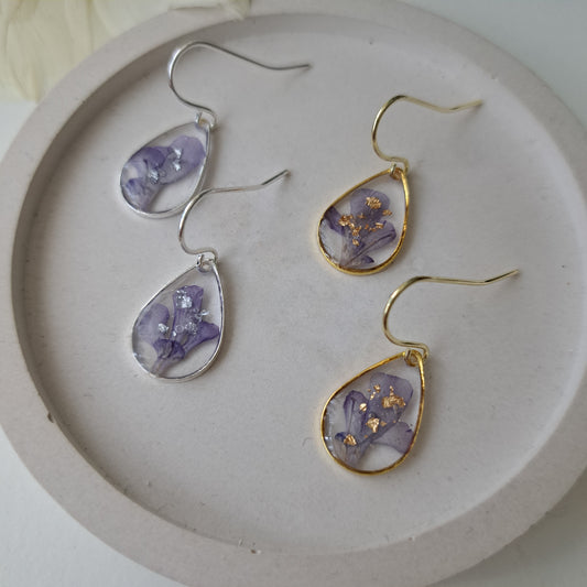 LAVENDER, small flower earrings, gold or silver/transparent