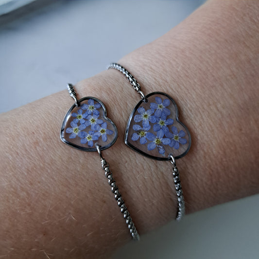 Edelstahl-Armband, Herz, Vergiss-Mein-Nicht, Blau/Silber